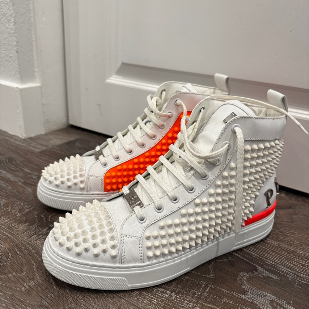 Philipp Plein White and Orange Studded Sneakers